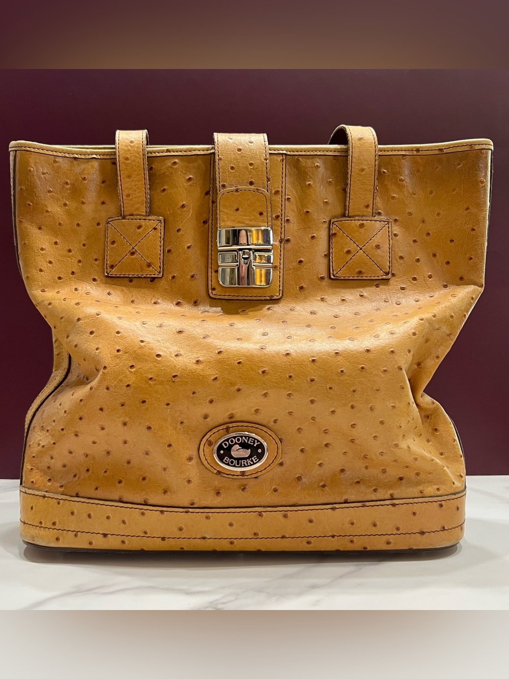 Vintage Dooney & Bourke Tan Ostrich Embossed Leather Bucket Bag Tote Made in USA